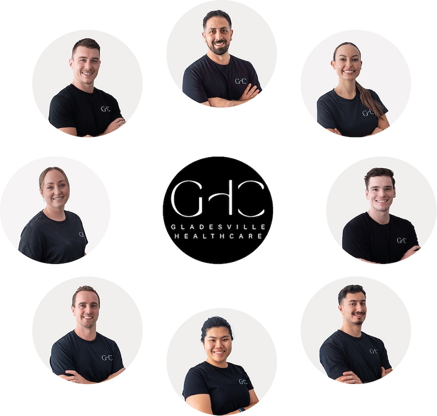Eight staff members of Gladesville Healthcare smiling around the company logo on a white background.